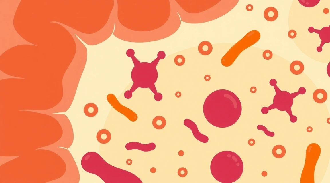 Microbiota intestinal saludable, con bacterias beneficiosas y estructuras celulares