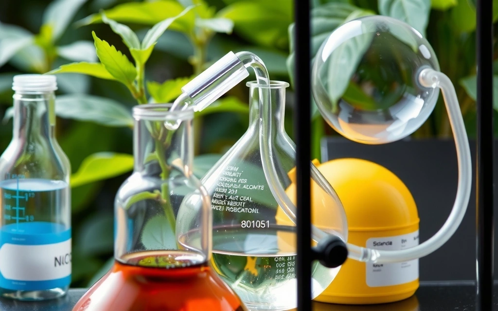 Representación de la fusión entre ciencia y naturaleza, con elementos de laboratorio y plantas creciendo, sin texto ni inscripciones.