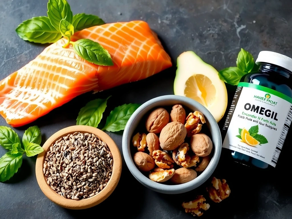 Omega-3 sources (fish, flaxseed), no text, no letters, no inscriptions.