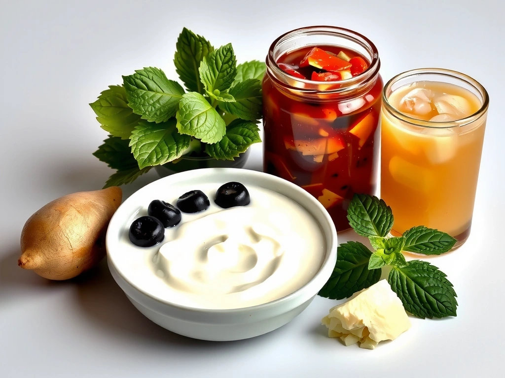 Probiotic foods (yogurt, kimchi), no text, no letters, no inscriptions.