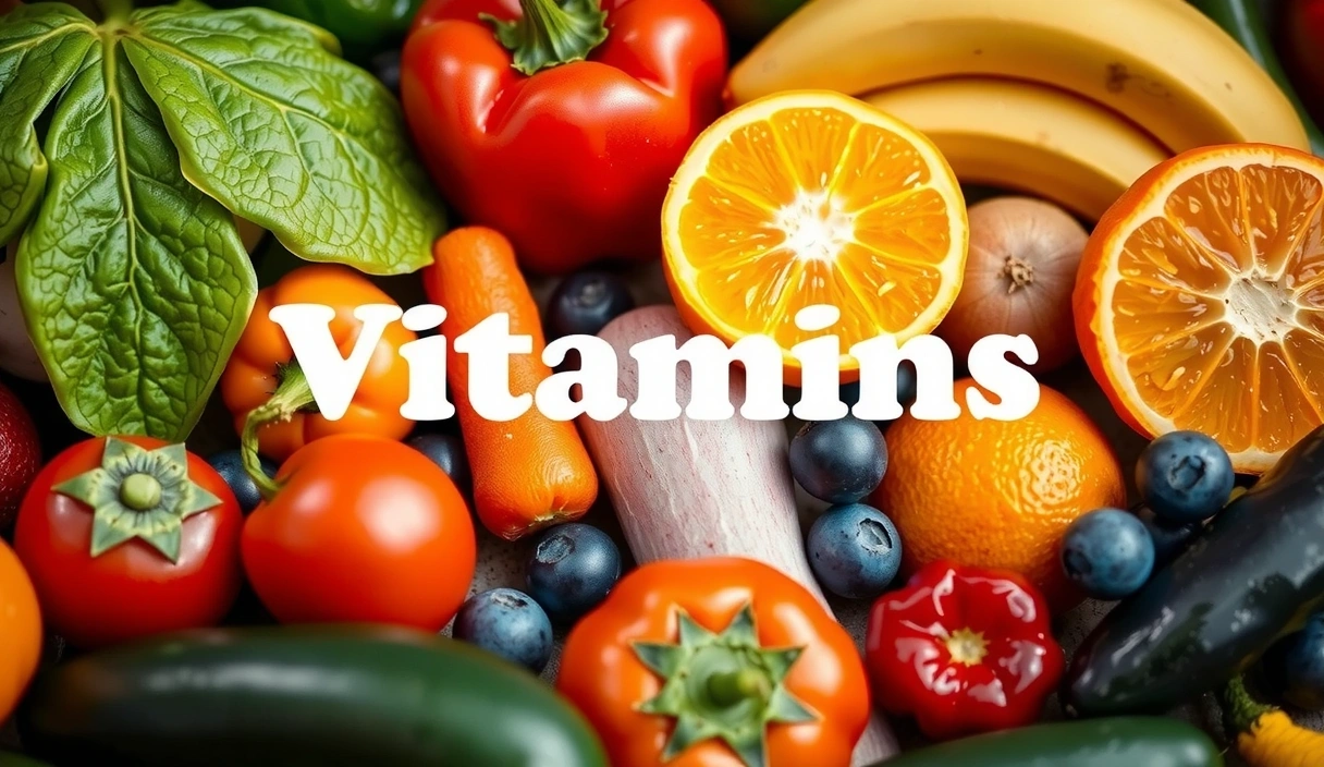 Surtido de frutas y verduras coloridas, simbolizando vitaminas
